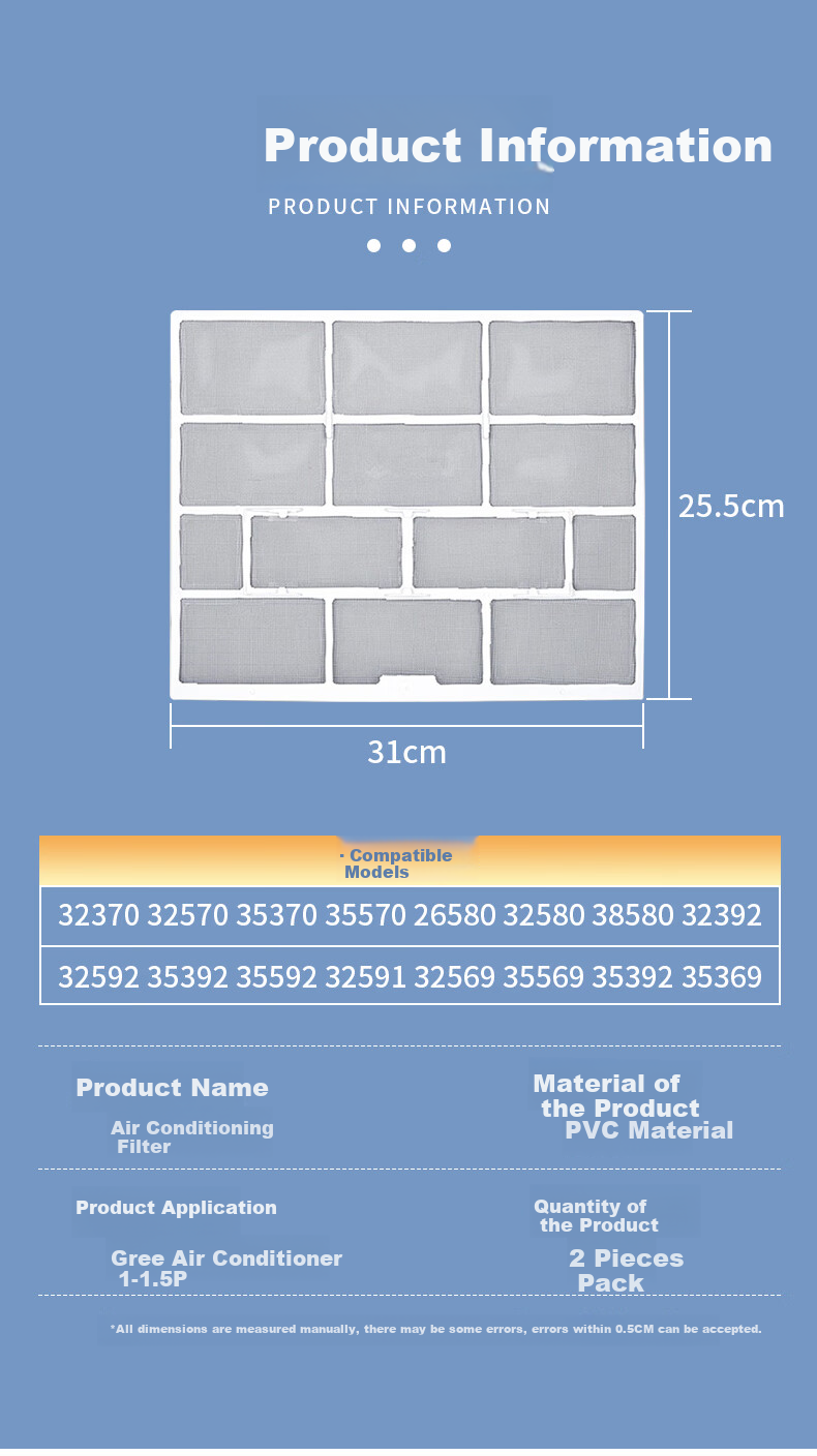PURPAVWINNER Air Conditioner Filter, 2-Pack Indoor Unit Air Filter, Dust-Blocking And Dust-Proof, Suitable for Midea 1 HP/1.5 HP Wall-Mounted Air Conditioner, Filter Cotton, 31*25.5 7
