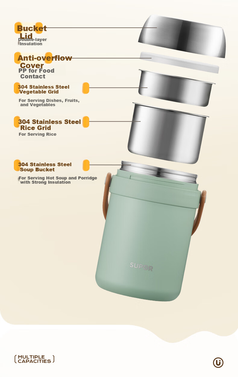 SUPOR Insulated Food Container, Stainless Steel Portable Pot, 2.0L Large Capacity Vacuum Insulated Lunch Box, Multi-Layer Portable Bento Box, Lotus White 13