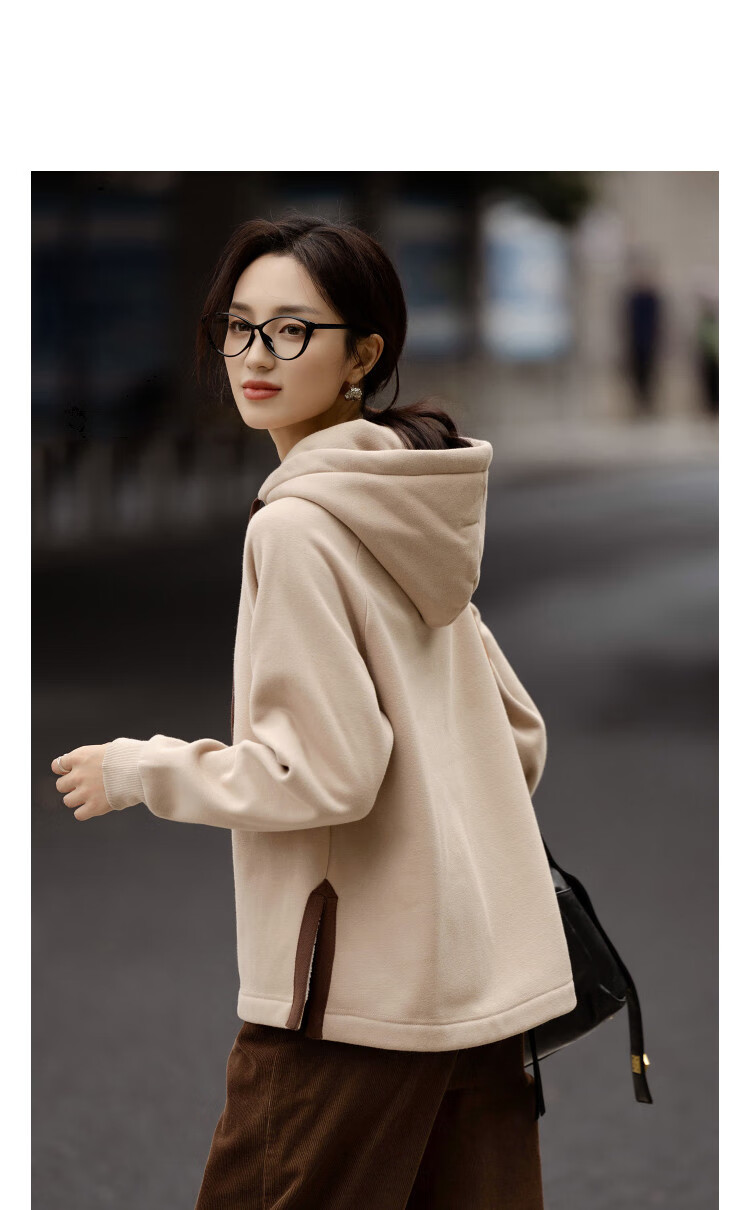 Demana [Cloud Feel Cotton Blend] Winter Dopamine Hooded Split Tape Decor Loose Fit Petite Women's Sweatshirt 5