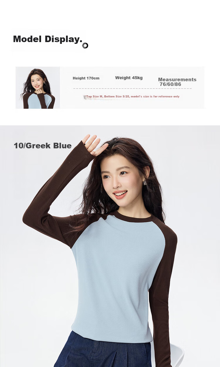 ZARA Women's Long Sleeve T-shirt with Elasticity, Vintage American Style Contrast Color Patchwork Round Neck Knitted Top 05325821 8