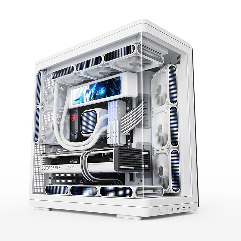 Aigo Starry Dawn Display Version White Gaming Desktop ATX Computer Case with 360mm Water Cooling Support / Integrated Curved Glass Panel / Left And Right Compartment Viewports / Supports 5090 Graphics Card