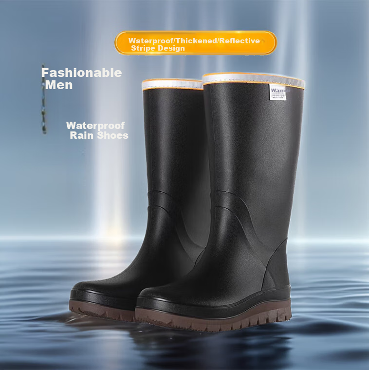 Huili Rain Boots for Men, High-Top Fishing Waders, Waterproof, Non-Slip, Wear-Resistant, Outdoor Work, Food Delivery, Car Washing Rubber Boots, 01 Black, Size 43 1