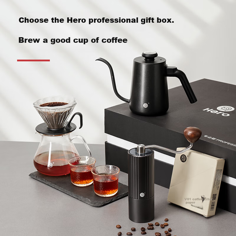 Hero Professional Pour-Over Coffee Set with Grinder, Coffee Cup, Hand-Ground Coffee, 8-Piece Set, Pour-Over Gift Box Present