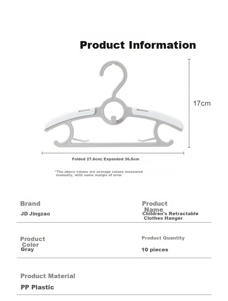 JD Original Children's Clothes Hangers, Extendable And Stackable, Baby Non-Slip Hangers for Drying Clothes, Gray, 10 Pieces 10