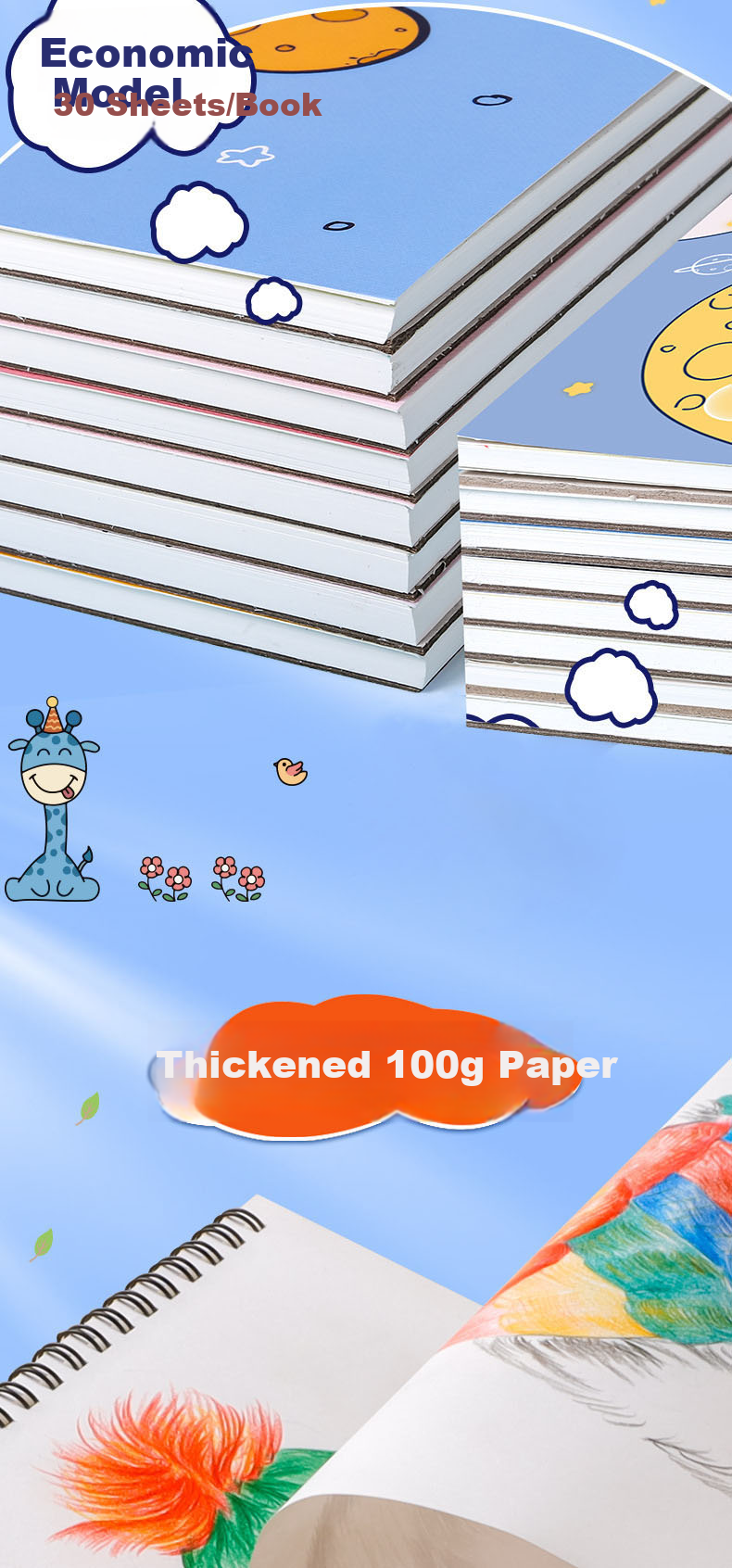 Diyu Children's Drawing Book, Blank A4 Kindergarten Sketchbook, Thick Paper for Primary School Students' Art Drawing, 4 Books 4