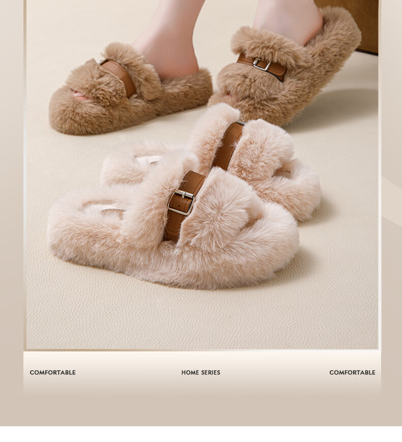 YUZHAOLIN Women's Furry Slippers Outdoor Autumn Winter Thick Sole Plush Home Cotton Slippers Men's Korean Style YO681 Khaki Size 39 1