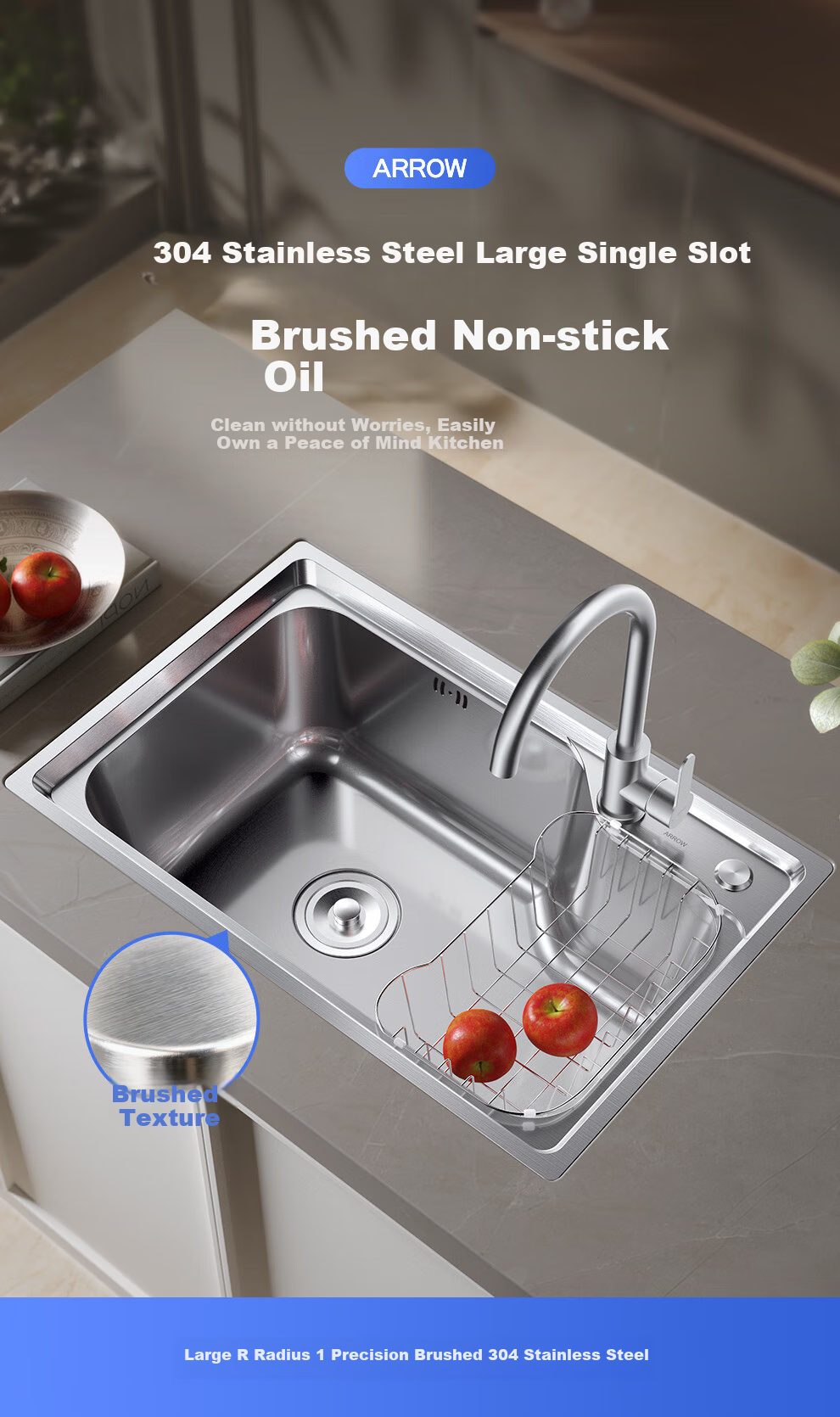 ARROW 304 Stainless Steel Sink, Single Bowl Kitchen Basin, Compact Dishwashing Sink [Renovation Subsidy 15%] 5