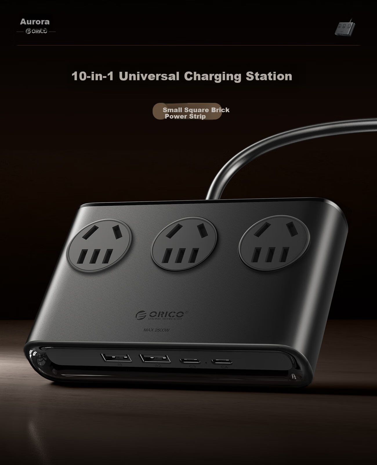 ORICO [Compatible with IPhone 18] Small Square Power Strip, 10-Outlet Desktop Charging Station, USB Socket Extension Cord, Fast Charger, Power Strip, Total Length 1.8 Meters, Black 3