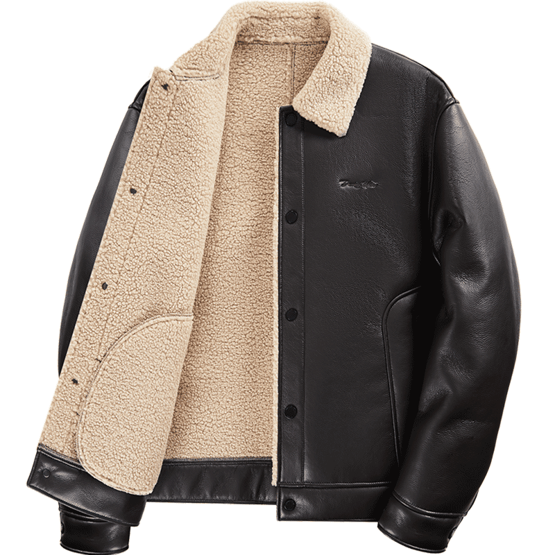 DANCING WOLVES Classic Lapel PU Leather Warm Men's Thick Jacket with Faux Lamb Wool Lining 303 Coffee XL