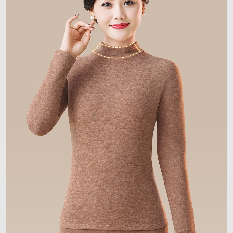 MiiOW Middle-aged and Elderly Women's Thermal Underwear Set, Mid-neck Winter Fleece-lined Thin Autumn Top and Bottom, German Velvet Base Layer, Gift for Mom 17