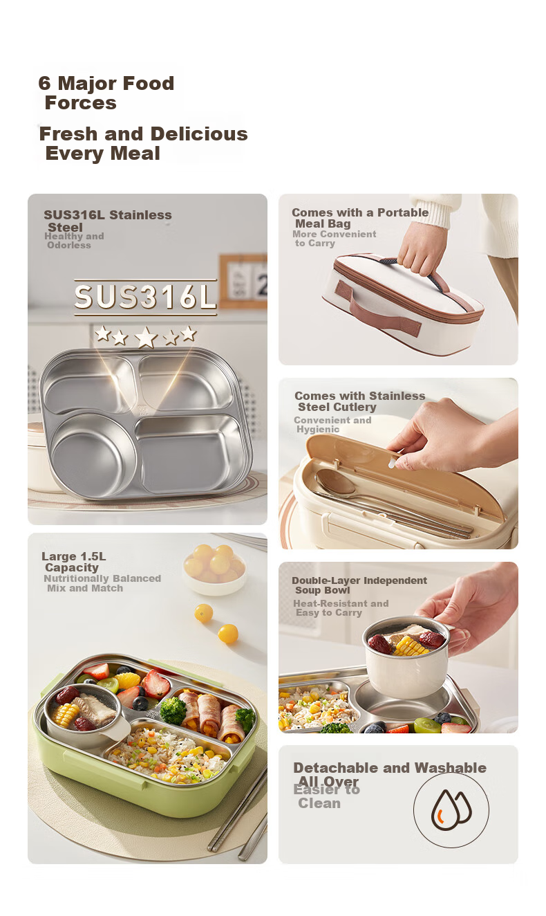 Joyoung 316L Lunch Box for Students And Office Workers, Bento Box with Chopsticks And Spoon, Large Capacity Four-Compartment Meal Container, 1500ML, White 2