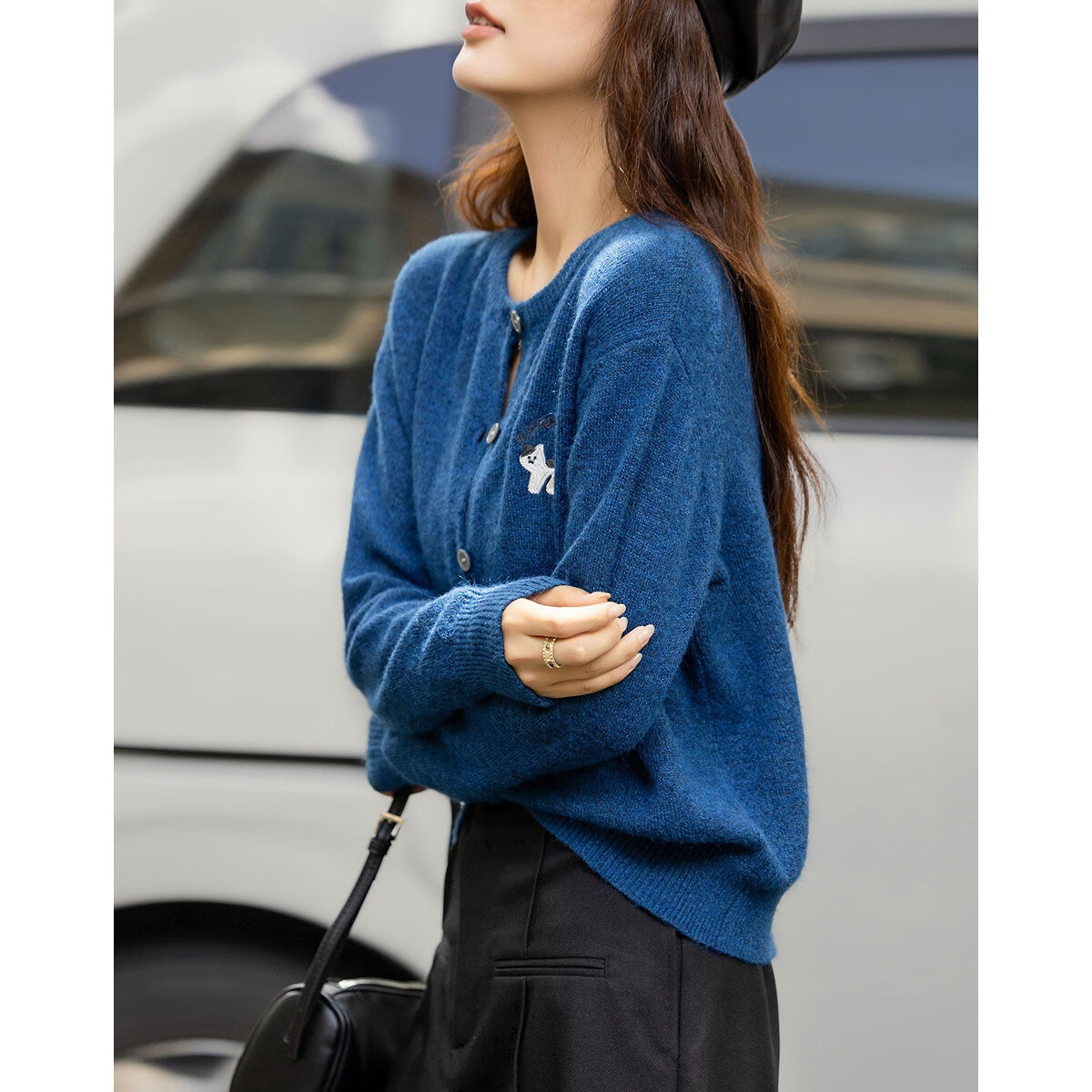 Demana Cream Knit Winter Lightweight Embroidered Round Neck Soft Slim Knit Sweater for Petite Women