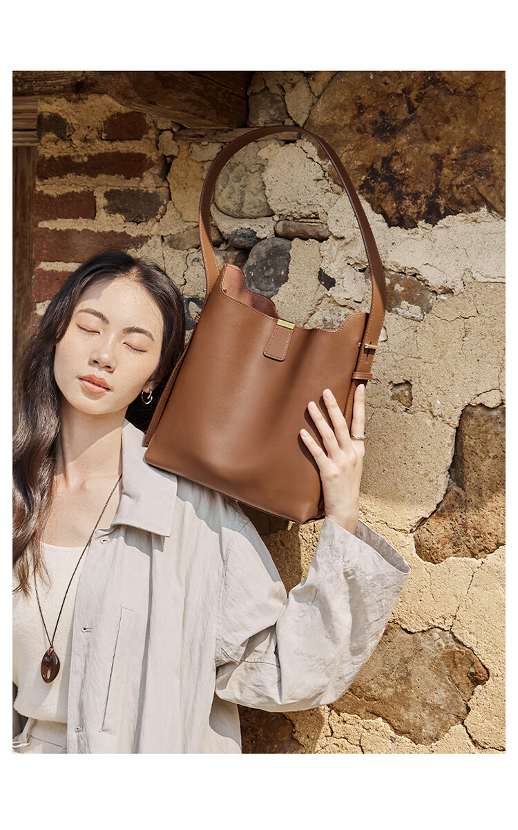 Nalandu New Women's Cowhide Leather Bucket Bag Shoulder Crossbody Commuter Bag Gift for Girlfriend 9