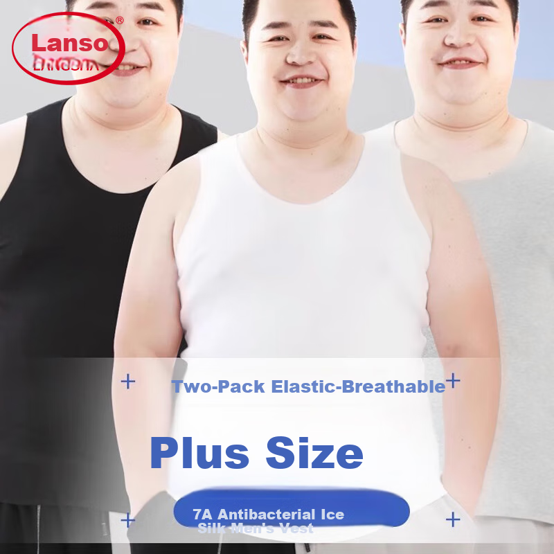 LangSha 2-Pack Large Size Undershirt for Men, Thin Style, Cuttable, 7A Antibacterial Seamless Ice Silk Vest, Modal Cool-Feeling Undershirt