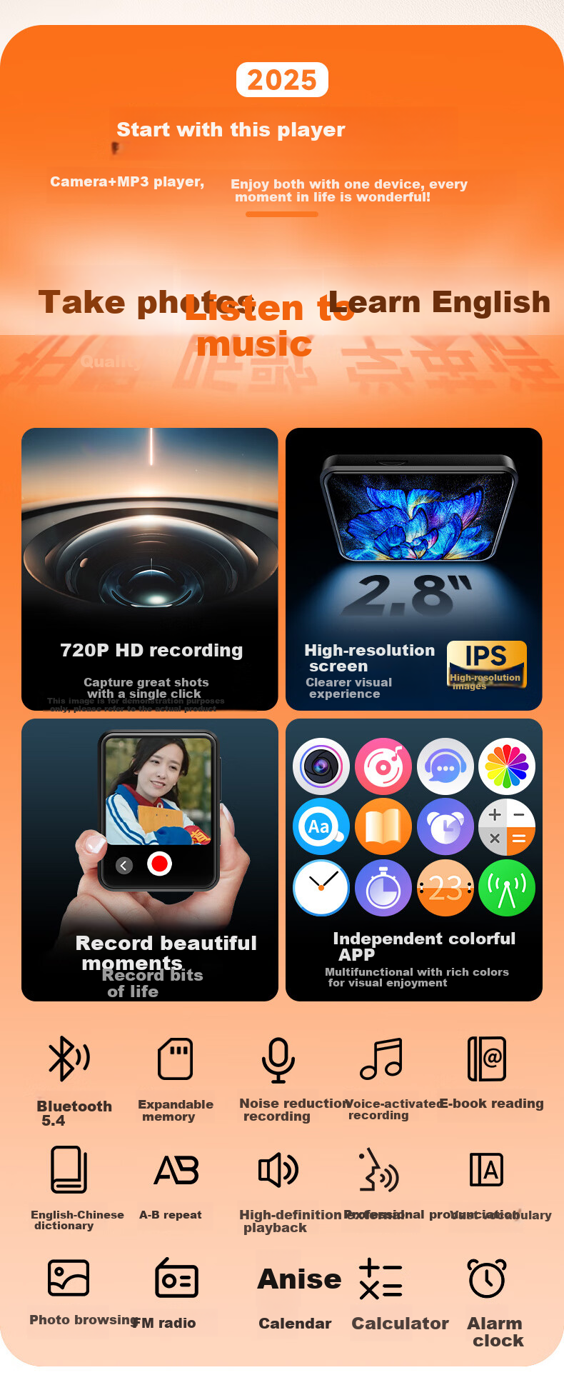 Aigo MP3/MP4 Player, Music Portable Player, English-Chinese Dictionary, 2.8-Inch E-Book Reader, Sports Camera with 806-64GB Storage 2