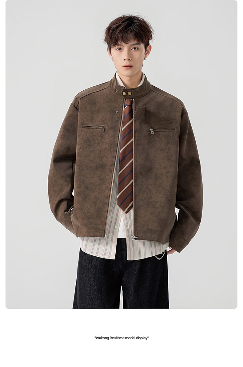 Foss Phil Men's Autumn Winter American Vintage Loose Casual Stand Collar Tie-Dye Leather Jacket J5238 Brown XL 10
