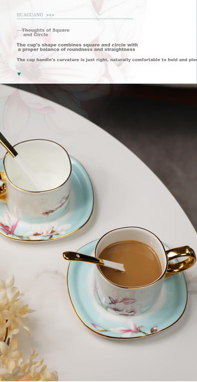 HG Guoci Bone China Coffee Cup And Saucer Set, European High-End Afternoon Tea Cup with Spoon, Premium Wedding Gift Fanghua 6
