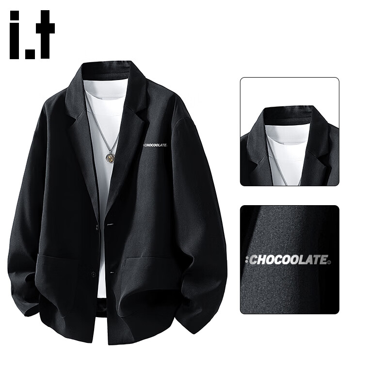 :CHOCOOLATE IT Business Casual Jacket Men's Autumn New Solid Loose Blazer Suit Coat Black L