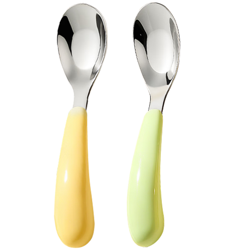 DOCTOR MA Children's Stainless Steel Baby Spoon, Feeding Spoon, Soup Spoon, Baby Tableware, Set of 2, Green + Yellow