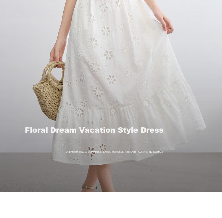 Sentubila Pure Cotton Lace V-Neck Lantern Sleeve White Dress for Women, Summer Elegant Pearl Button Embroidered A-Line Slimming Mid-Length Dress 1
