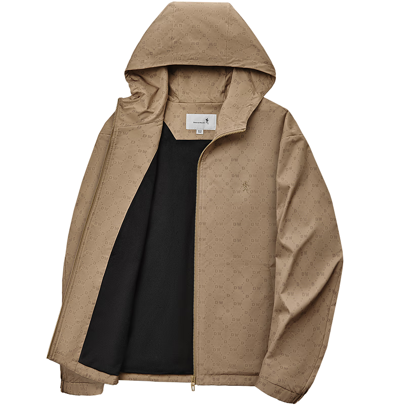 DANCING WOLVES Classic Monogram Print Fleece-Lined Hooded Casual Warm Men's Jacket 701 Khaki 2XL