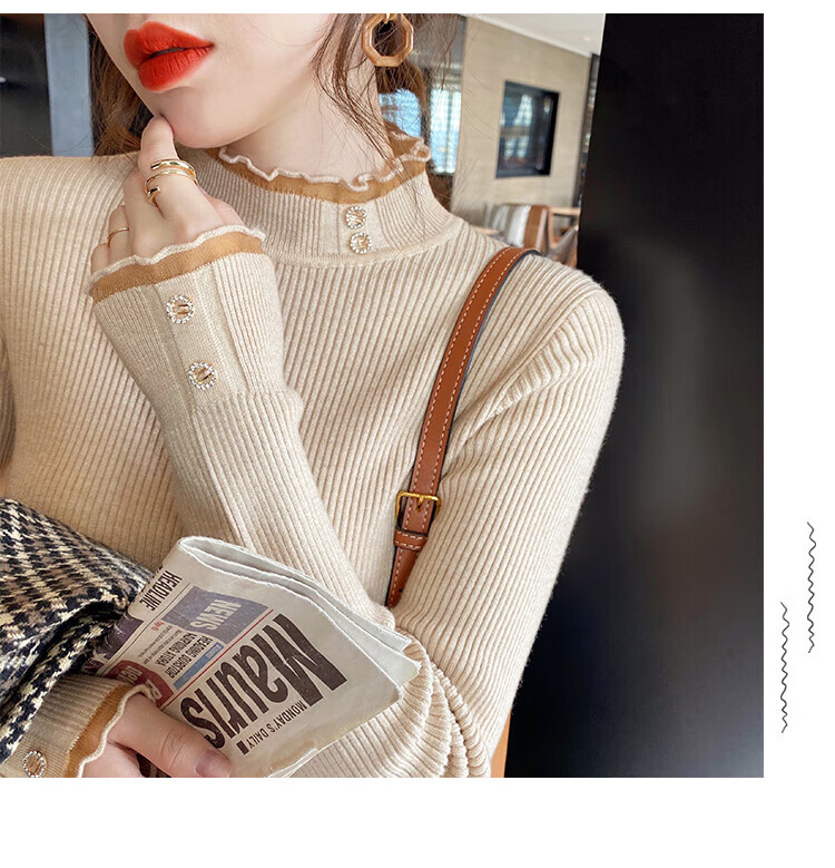 LangSha Women's Sweater Autumn Winter 2025 New Stylish Knitwear Semi-Turtleneck Slim Lace Fleece Lined Base Shirt 7