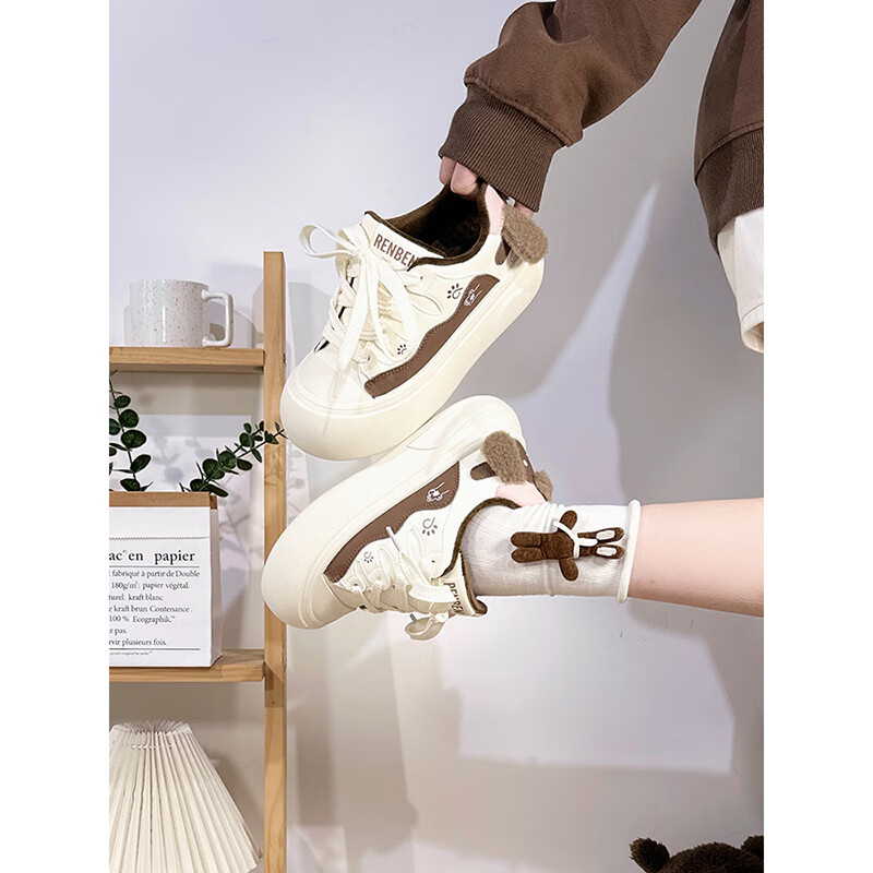 Renben Fleece-Lined White Sneakers for Women Cute Puppy Low-Top Original Casual Thick-Soled Warm Cotton Shoes Trendy Female
