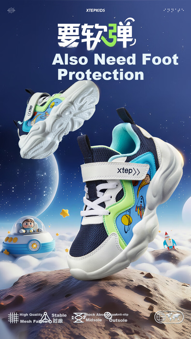 XTEP Kids Velcro Sports Shoes Boys Toddlers High-top Thick-soled Casual Shoes Deep Blue/Classic White Size 31 1
