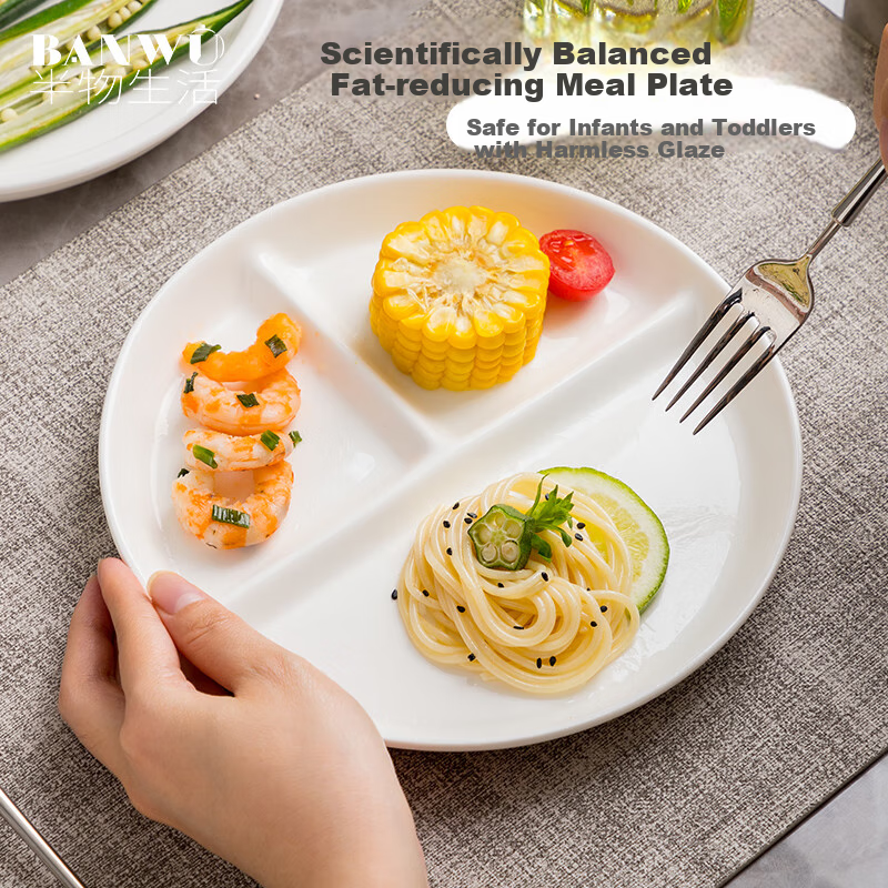 Banwushenghuo Ceramic Divided Plate for Weight Loss, Portioned Plate for Fat Reduction, 211 Meal Plate, Home Use Children's Plate, Breakfast Plate