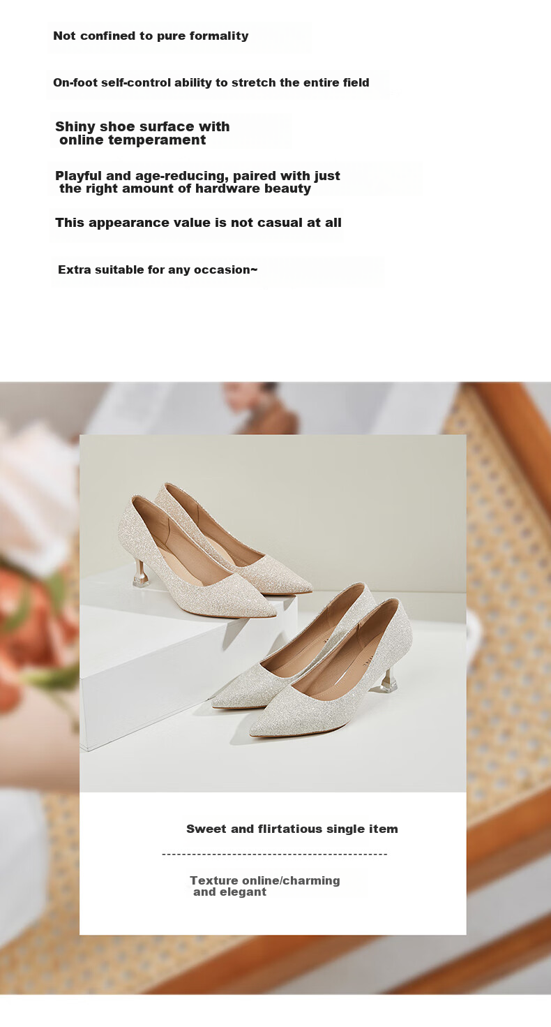 DAPHNE Women's High Heels, Pointed Toe, Stiletto, Elegant Sequin Wedding Shoes, Women's Pumps, 4623101088, Champagne Color, Size 34 1