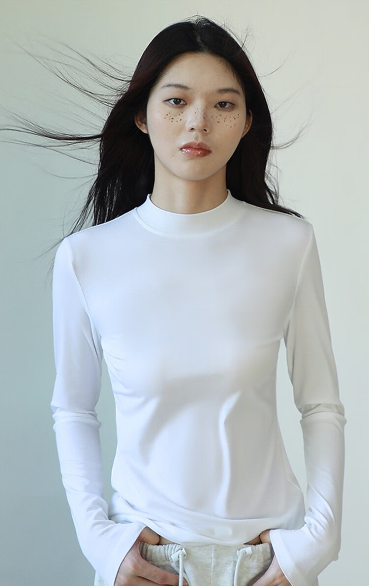 La Chapelle Spliced Semi-Turtleneck Long-Sleeve Top, Spring And Autumn Stylish Slim-Fit Versatile Women's T-Shirt, Inner Layer Base Shirt, White, S 1