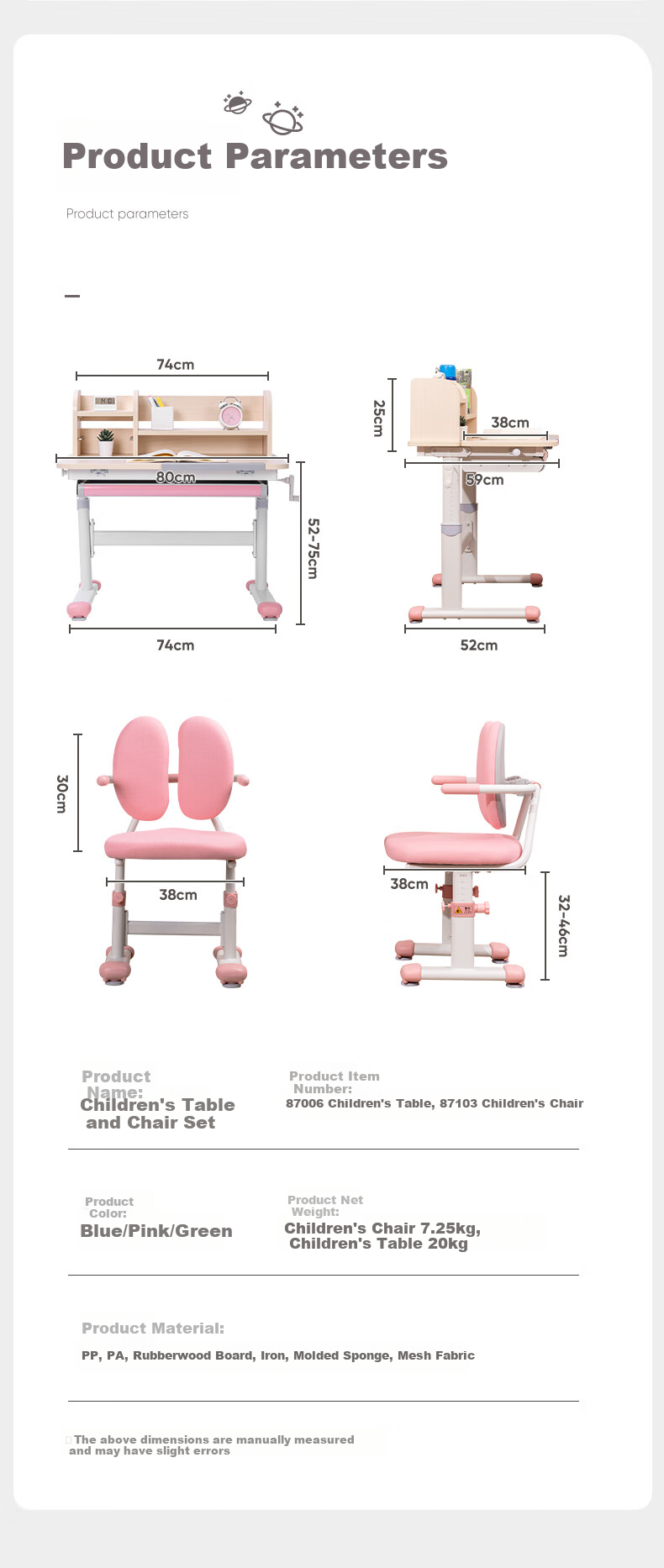 Deli KF503-S Children's Study Desk And Chair Set, School Desk And Chair for Students, Home Writing Desk And Homework Chair with Adjustable Height (Pink) 12