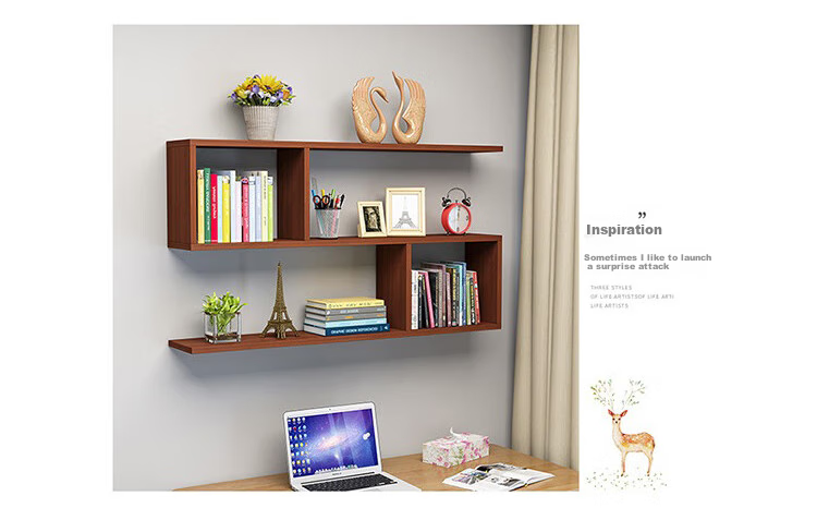 Ourunzhe Wall-Mounted Storage Rack, No Drilling Required, Double-Layer Hanging Cabinet, S-Shaped Storage Shelf, Decorative Bookshelf, Walnut Color 10