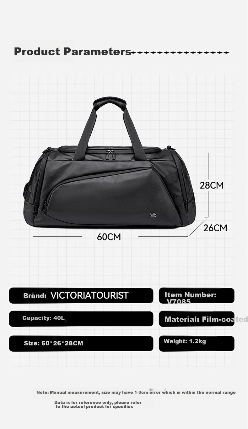 VICTORIATOURIST Multifunctional Travel Bag for Men, Large Capacity Sports Fitness Bag, Handbag with Wet And Dry Separation, Short-Trip Business Trip Backpack 12