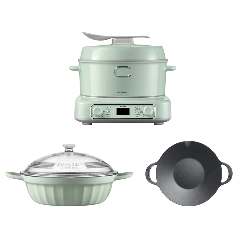 Buydeem R531 3L IH Rice Cooker Multi-Functional Electric Cooker with Removable Non-Coated Inner Pot, 2-5 People, Fast Heating, Light Green + 28cm Hot Pot + BBQ Grill Pan