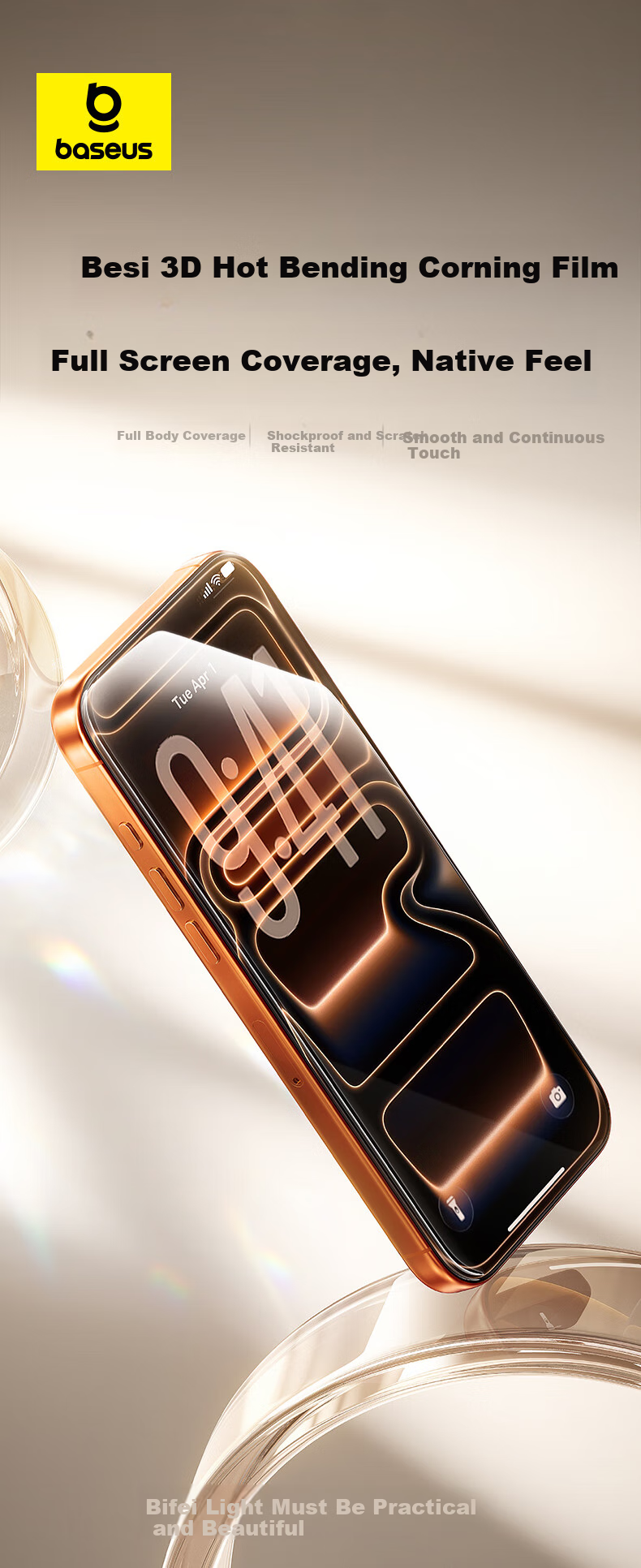 Baseus [3D Heat-Bent Corning Original Film | Full Coverage] Tempered Glass Screen Protector for Apple IPhone 15 Pro Max, High Definition Anti-Fingerprint Drop Protection Film 3