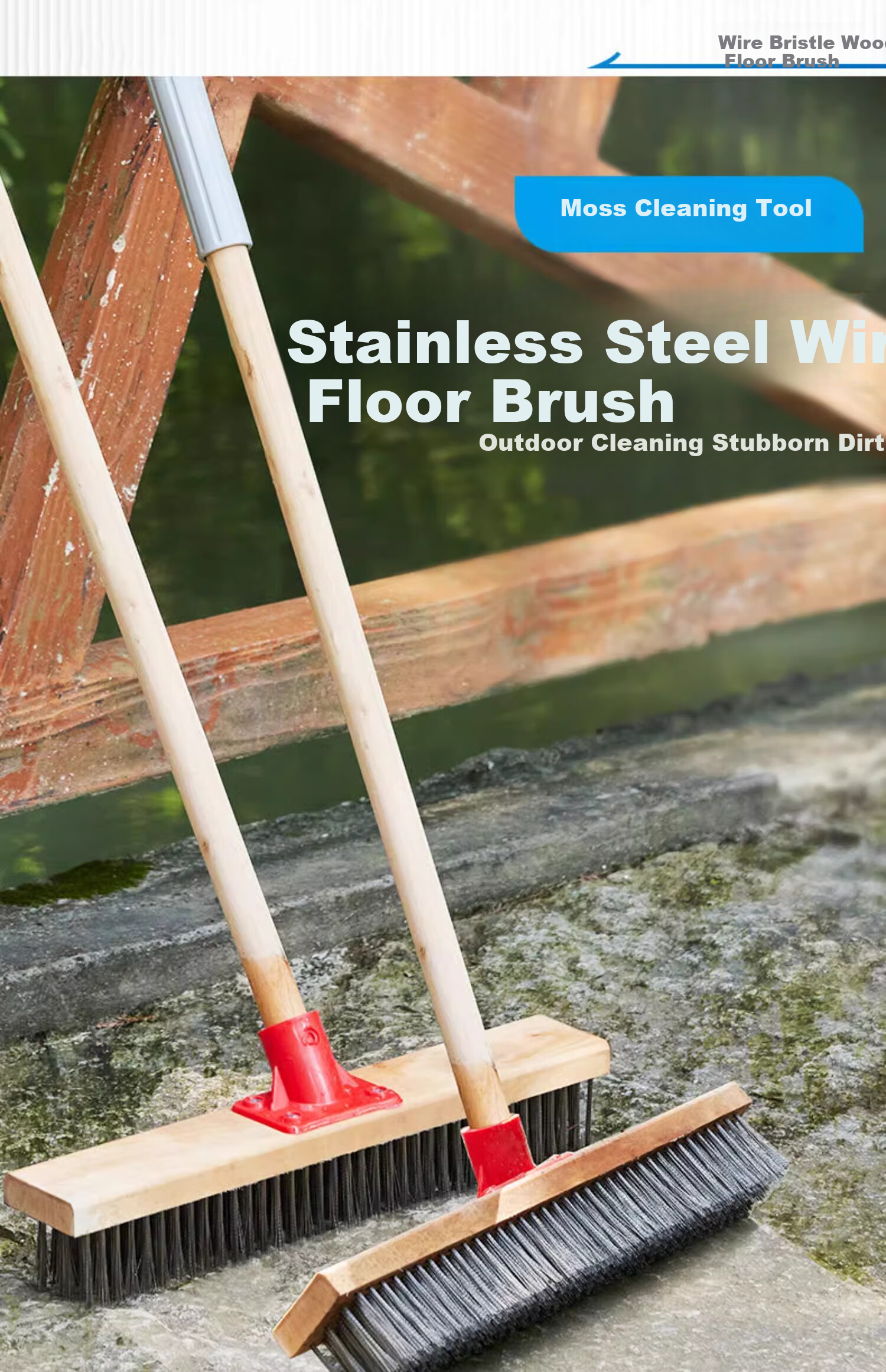 Xijie 304 Stainless Steel Wire Floor Brush Outdoor Garden Moss Long Handle Hard Bristle Cleaning Brush Large Size 1