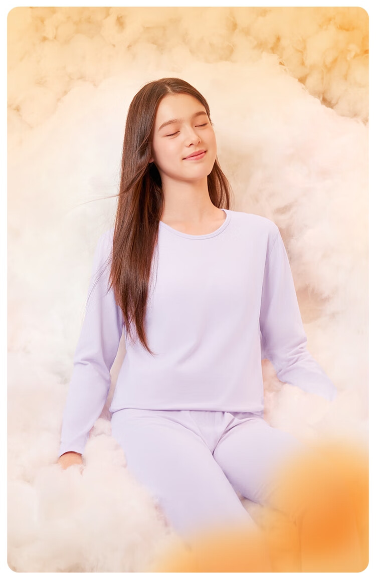 THREEGUN Kids A-Class Fire Cotton Anti-Mite Antibacterial Crew Neck Girls' Underwear Set Light Purple 170 1