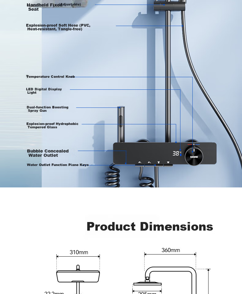 SSWW Bathroom Shower Head, Smart Piano Shower Head, Complete Set, Integrated Full Copper Pressure-Increasing Shower Device, TS9 28