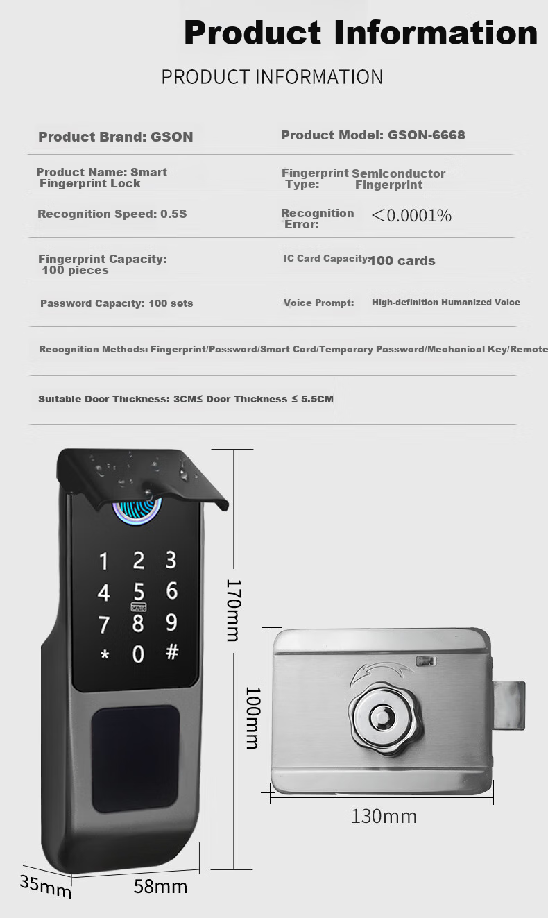 GSON Fingerprint Lock Password Lock Outdoor Waterproof Anti-Theft Door No Wiring Required Courtyard Gate Smart Old-Style Anti-Theft Door Fingerprint Lock 12