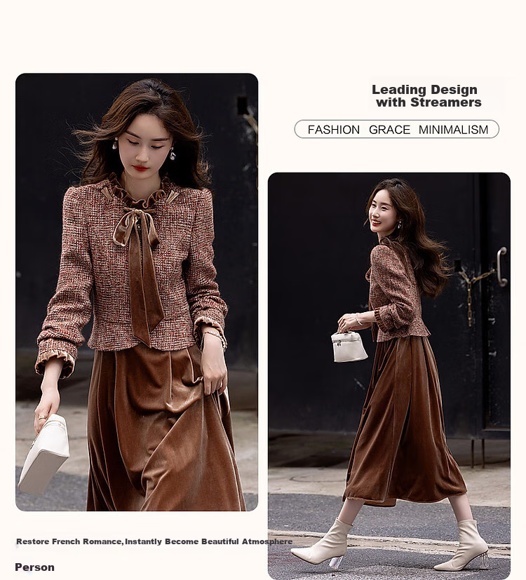 DME Winter Elegant Little Chanel Style Wool Blend Faux Two-Piece Ribbon Collar Ruffle Edge Dress Brown Red XL 4