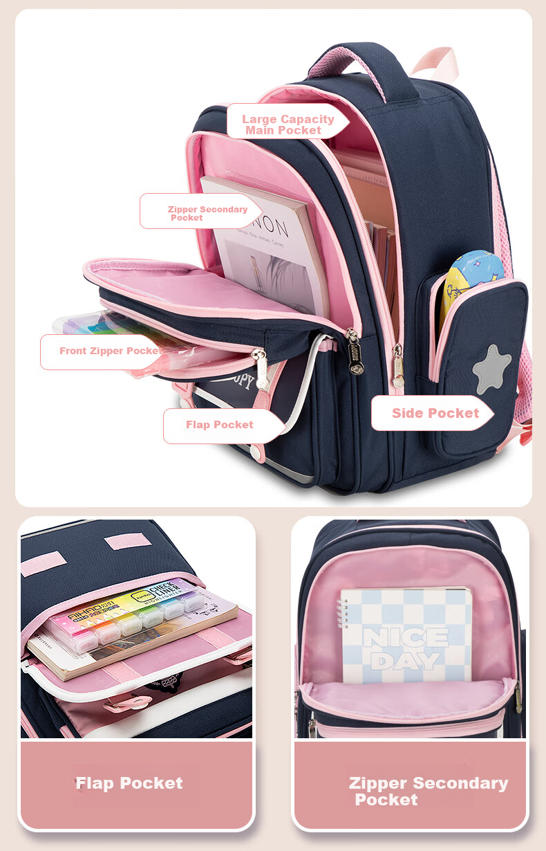 SNOOPY Elementary School Backpack, British Style Large Capacity Girls' School Bag for Grades 3-6, Blue Large Size 12