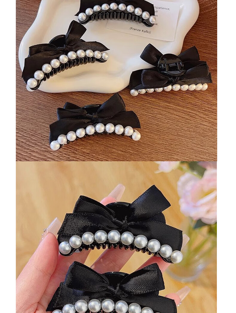 Jianying Shu French Pearl Black Bowknot 2-Piece Hair Claw Clip Hair Accessories for Women 5