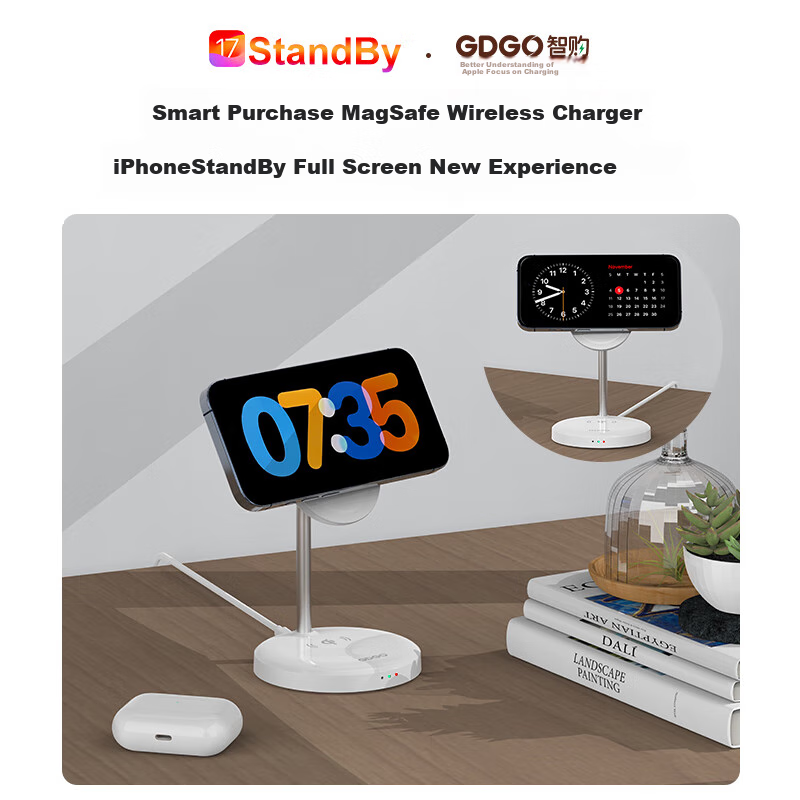 GDGO [Apple MFM Certified] 15W Two-In Wireless Charger, MagSafe Magnetic Vertical Fast Charging, MFi Certified, Suitable for IPhone 18/17 PM/Air Phones And Earphones