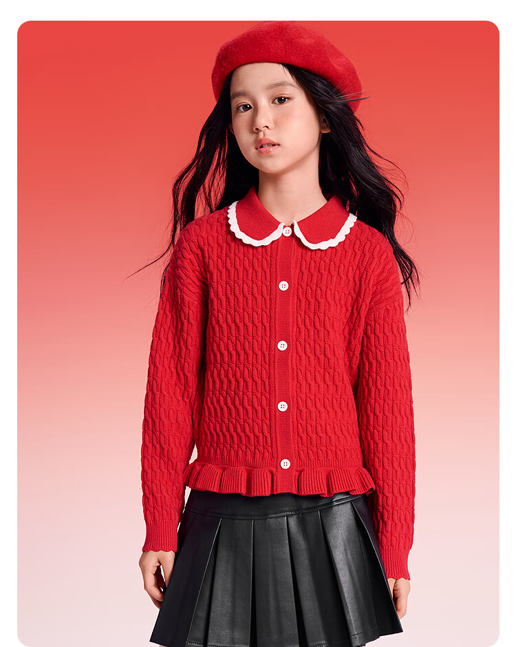 Balabala [balaOne] Girls' Red Knit Cardigan with Collar Autumn Winter New Year Outfit 3