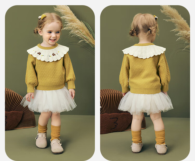 Minibala Girls' Baby Embroidered Sweater, Anti-Deformation, Anti-Pilling, Lantern Sleeves, Skin-Friendly, Winter 2025 3