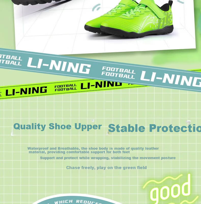 Li-Ning Children's Soccer Shoes with Molded Studs TF6 for Boys Aged 12 And Up, Big Kids, Teenagers, Velcro Professional Training Sports Shoes Size 34 1