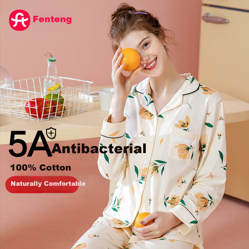 Женский домашний костюм Fenteng, весна-осень, лацканы, кардиган с длинным рукавом, пижама из чистого хлопка, женская одежда для отдыха, мягкий хлопок