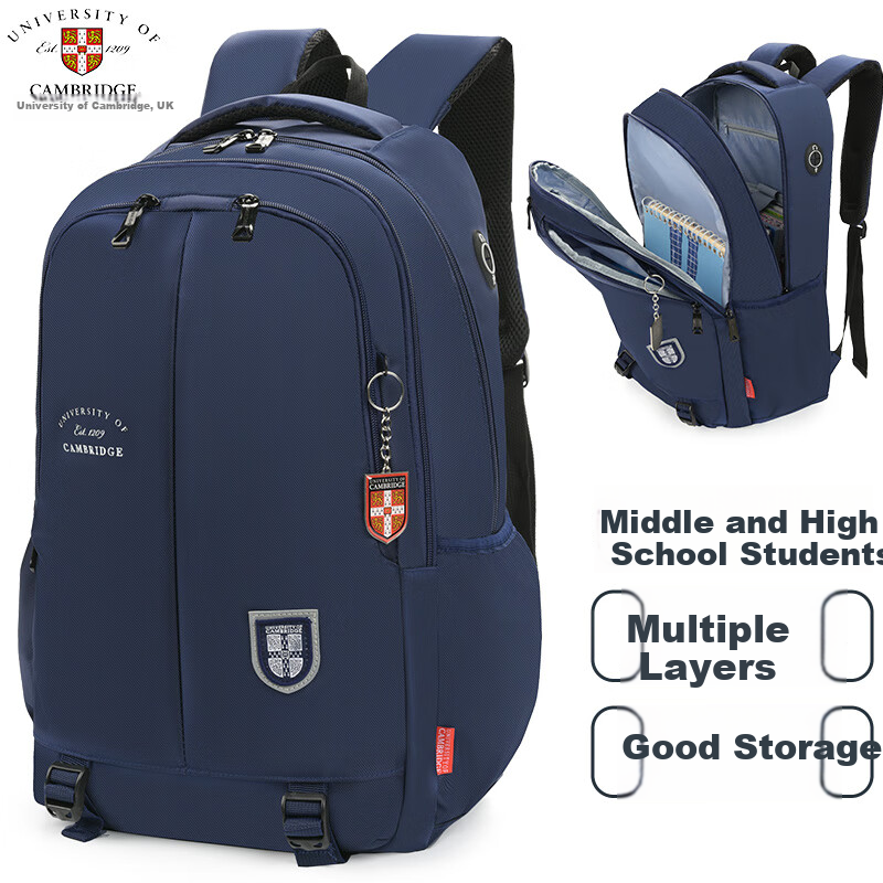 UNIVERSITY OF CAMBRIDGE British Cambridge Middle School Student Backpack for Boys, Large Capacity Lightweight Shoulder Bag for High School Students CA325 Blue