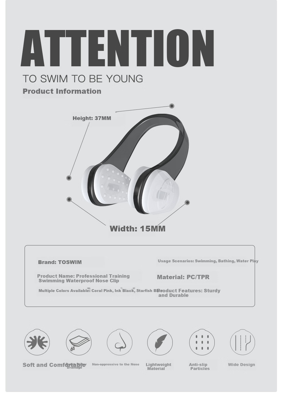 TOSWIM Swimming Nose Clip Professional Adult Diving Anti-Choking Waterproof Non-Slip Nose Clip for Shallow Beaches 7